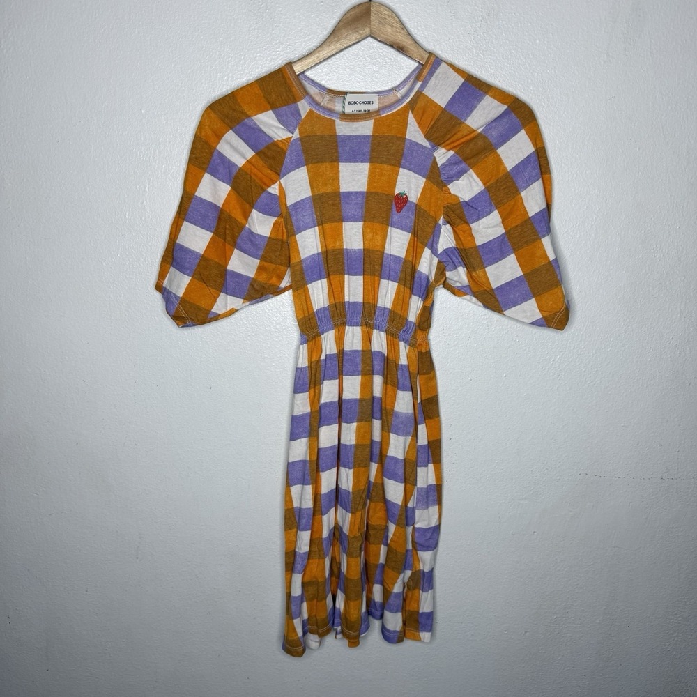 Bobo Choses Purple Orange Check Dress Strawberry Girls 4-5years